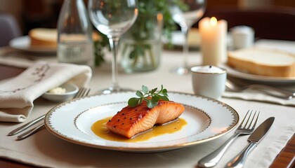 Photorealistic fish dish with full tableware, glassware, and décor in warm tones, styled with focus stacking for luxury food branding and menu illustrations.