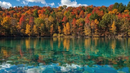 Calm waters reflecting bright autumn trees, creating a soothing natural sanctuary.