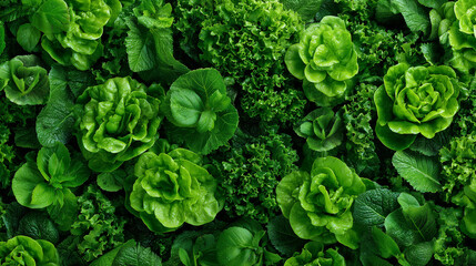 数種類のグリーンレタスが密集して並ぶみずみずしいトップビュー構図。サラダ素材やヘルシー食、背景用に適したビジュアル。
