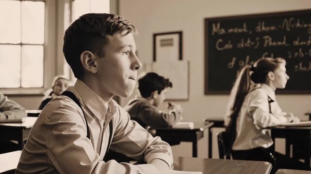 Boy sitting at desk in front of chalkboard. Students learning in a classroom. Desks with writing on them for students in the school. A child seated at a desk in front of a blackboard lifestyle.