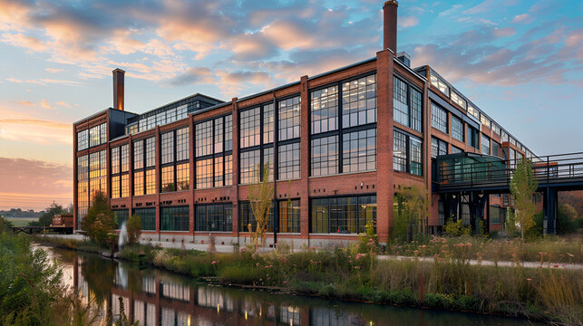 Picturesque brick industrial building and canal at sunset provides a peaceful architectural vista with reflections of the colorful sky.