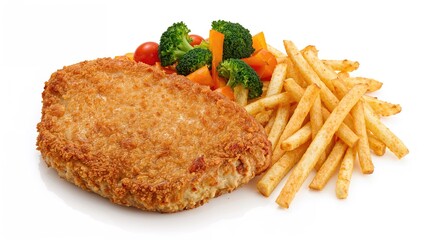 Pan-fried pork chop accompanied by fries and a medley of vegetables on a white background
