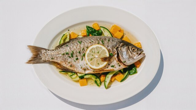 Tender fish with lemon wedges and fresh vegetables presented on a white plate