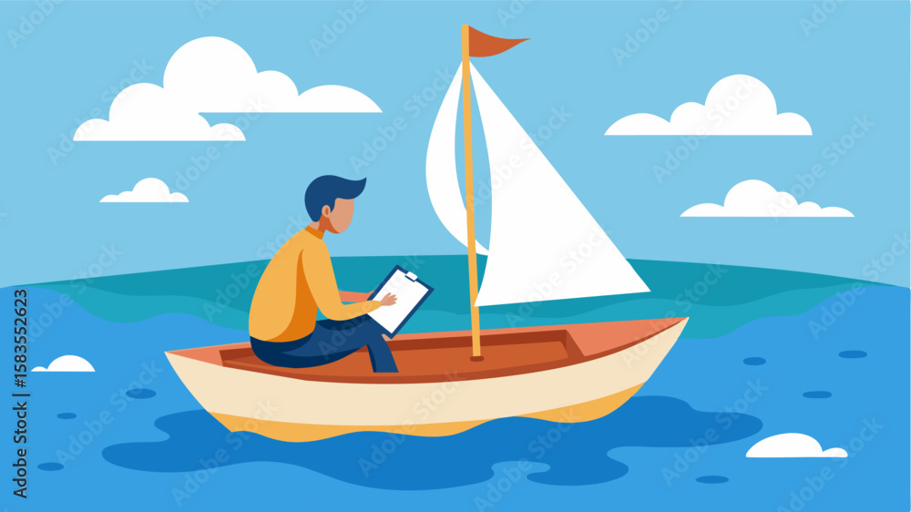 Poster in the middle of the ocean a person sits on the bow of their sailboat drawing up business plans on a