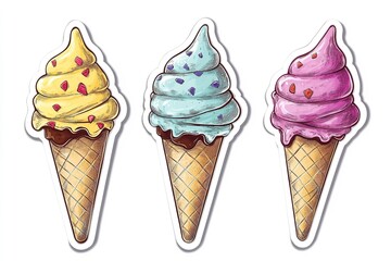A ice cream item with vintage vivid sketch art sticker over white setting depict food brand and advertising efforts lovely hue delish, Generative AI.