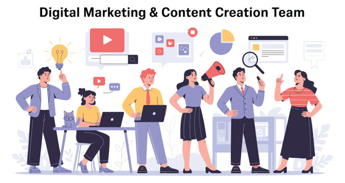 Digital marketing and content creation team illustration with six people using tools like laptops, charts, megaphones, and light bulbs