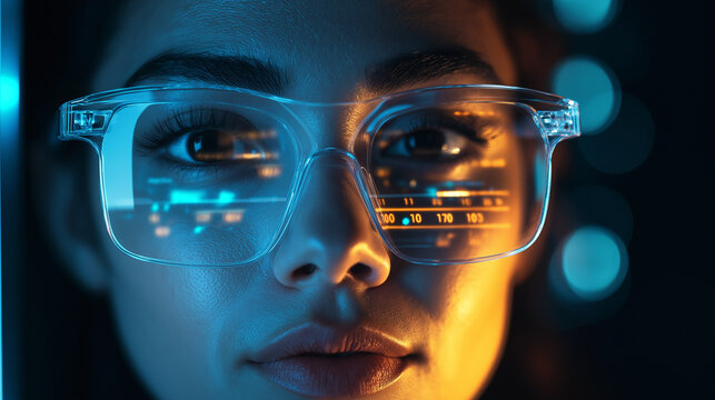Front-Facing Woman with Smart Glasses and Digital Data Reflections for Augmented Reality, Future Tech Concepts, and Innovation Interfaces