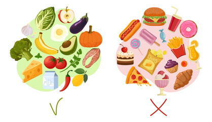 Healthy and unhealthy food. Fast food and sweets vs healthy organic food. Health Care. Vector illustration on white background