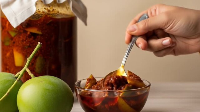 Hand Holding Spoon Over Bowl of Mango Pickle with Jar and Fresh Green Mangoes on Wooden Table