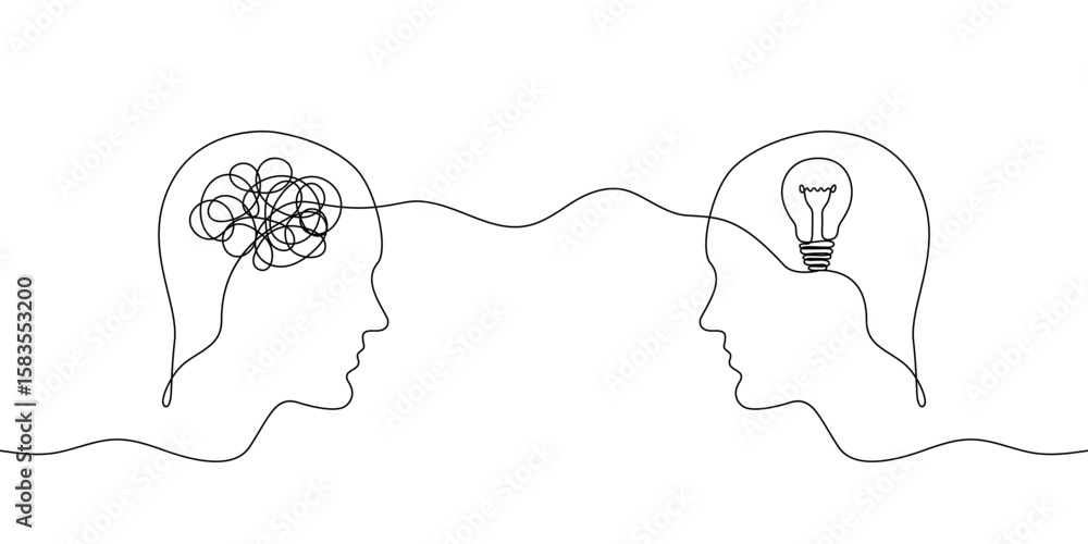 Poster continuous one line drawing of two heads one with tangled ball in mind and other with light bulb. co