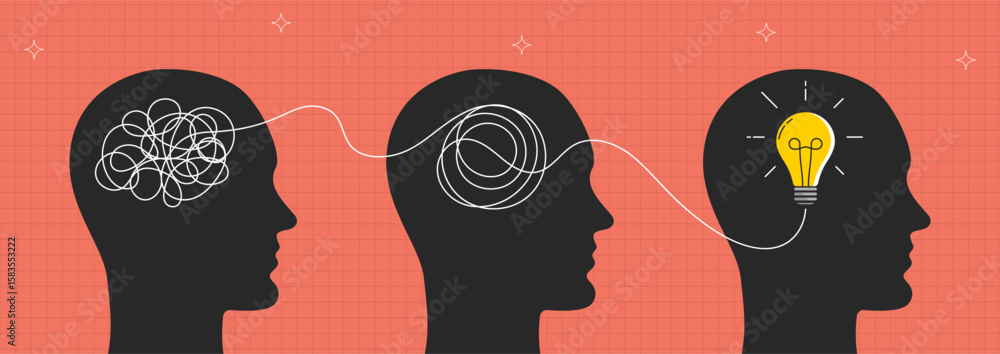 Poster three humans heads silhouettes with tangled messy line and creative idea in the form of light bulb. 