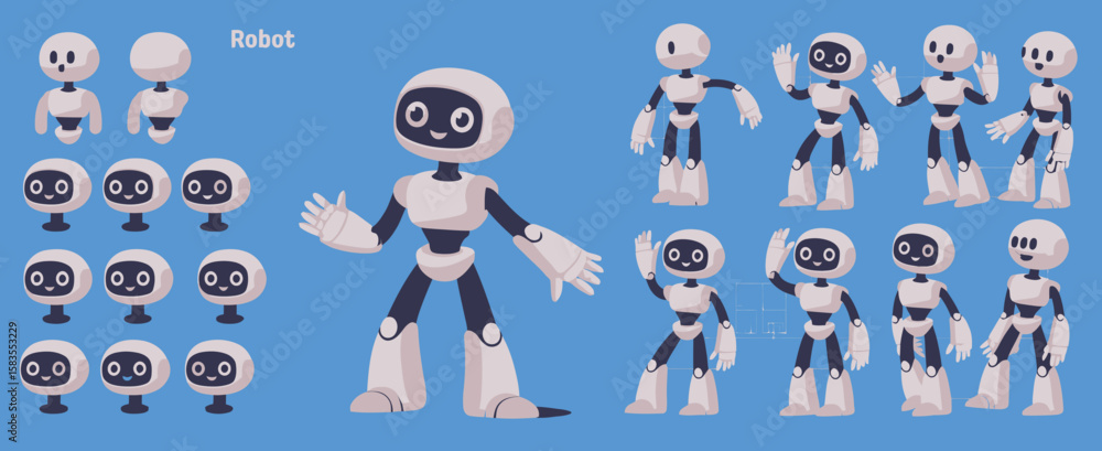 Aufkleber robot vector animation set featuring ai futuristic humanoid helper and cyborg characters perfect for