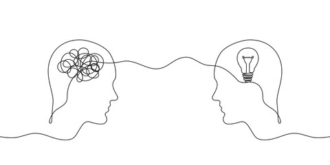 Continuous one line drawing of two heads one with tangled ball in mind and other with light bulb. Concept of solving mental problem and emergence of creative idea. Vector.