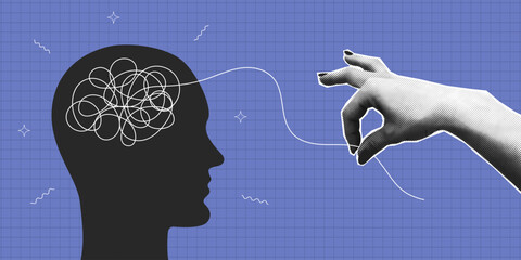 Human head silhouette and halftone hand that untangles tangled ball or messy line in mind. Concept of solving mental problem and psychological therapy session. Collage style. Vector.