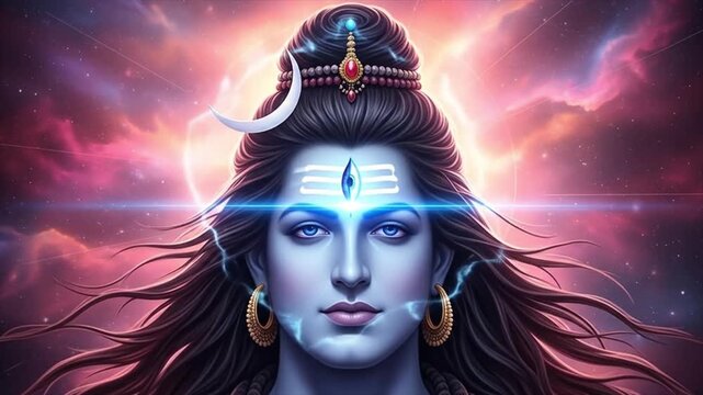 Lord Shiva wallpaper - Divine Wisdom: Mystical Hindu Deity with Glowing Third Eye Against a Cosmic Sky, Representing Spiritual Enlightenment and Universal Energy
