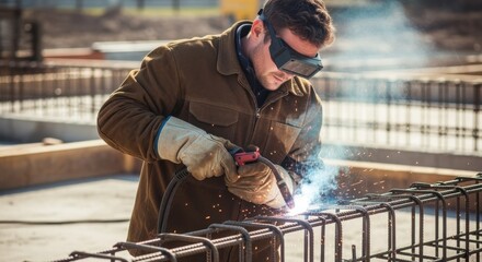 Manual laborer performing welding tasks during foundation reinforcement process