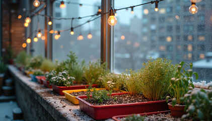 Rooftop vertical garden growing herbs under LED lights in winter. Vertical Farming Technology