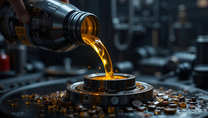 Lubricant fluid is poured from a container into a machine, highlighting maintenance in an industrial setting for lubrication.