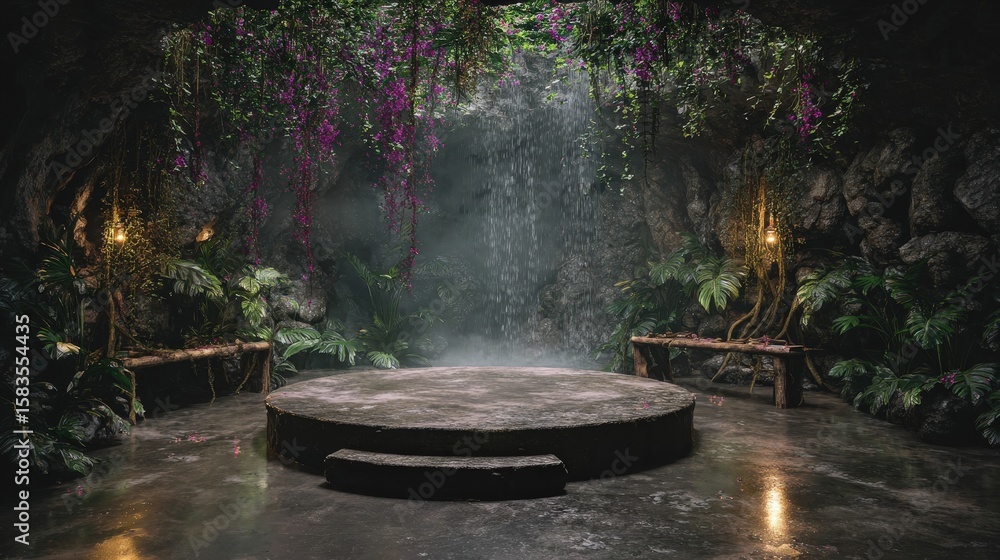 Poster a mystical cave features a circular stone platform surrounded by lush plants and hanging vines, illu