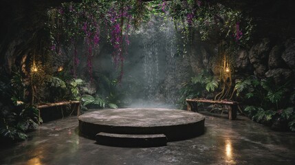 A mystical cave features a circular stone platform surrounded by lush plants and hanging vines, illuminated by soft lighting and mist from a cascading waterfall in the background.