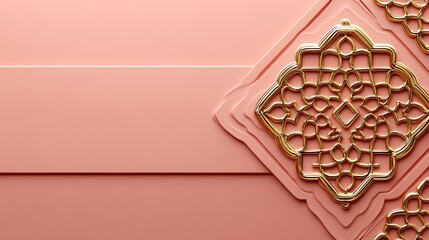 Ornamental, coral pink background with golden filigree