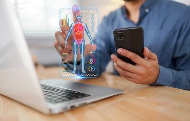 digital health care concept. Medicine doctor touching electronic medical record on virtual screen, Brain Analysis, DNA. Digital healthcare and network connection on modern interface,