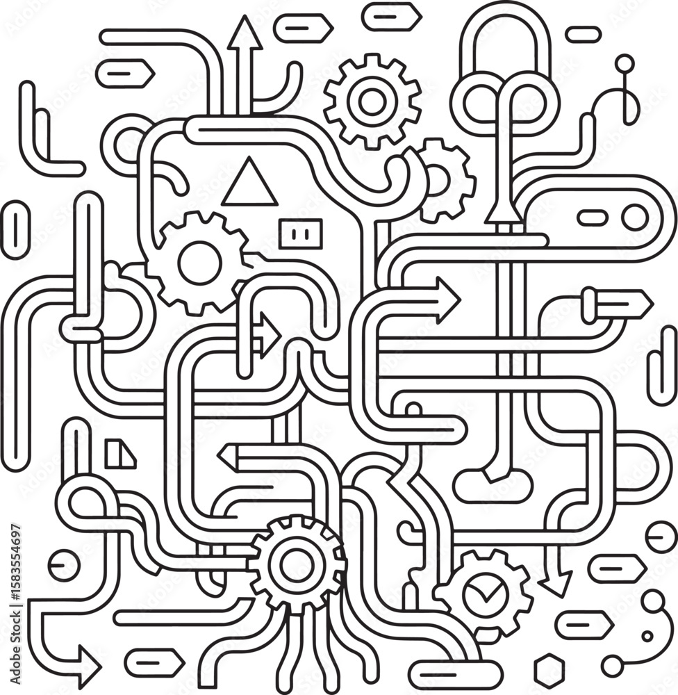 Poster abstract graphic design of interconnected paths and gears