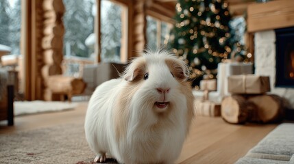 Fluffy guinea pig smiles in a warm cabin, surrounded by Christmas decor, bright lights, and snow falling outside large windows