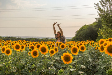 young blond woman standing in sunflowers on a field, raised her hands up, smiling, satisfied, 
view...