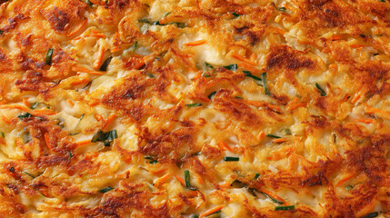 野菜をたっぷり使ったチヂミの焼き目を全面に捉えた構図。香ばしさと手作り感が伝わる韓国料理系ビジュアルに適した素材。