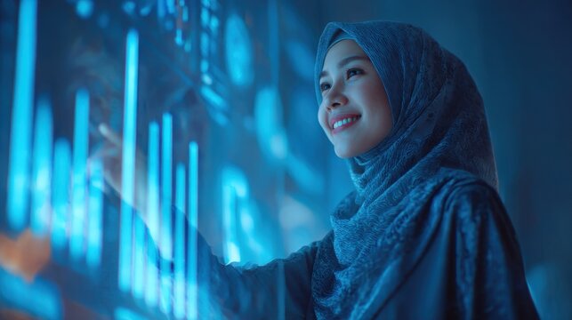 Smiling Woman in Hijab Using Futuristic Digital Touchscreen