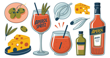Aperol Spritz cocktail scene with olives, cheese, rosemary garnish, and Aperol bottle—evoking aperitivo culture and Italian charm