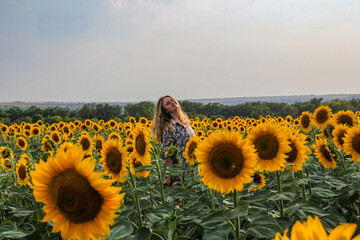 young blonde woman standing in sunflowers in a field, posing, smiling, satisfied, large yellow...