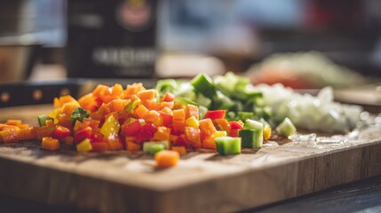 Vibrant Chopped Vegetables on a Wooden Cutting Board Ready for a Delicious Meal Preparation in a Kitchen Setting