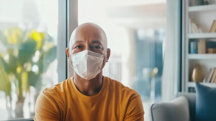 A portrait of a middle aged bald man wearing a protective mask indoors. He is sitting in front of a window and bookcase, presenting a calm demeanor despite the challenging circumstances