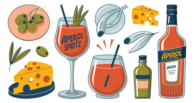 Aperol Spritz cocktail scene with olives, cheese, rosemary garnish, and Aperol bottle&mdash;evoking aperitivo culture and Italian charm