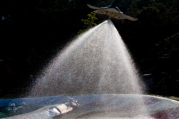a stream of water from the fountain of a park pond