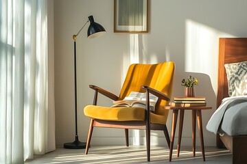Reading Nook with Yellow Chair, Lamp, and Morning Light