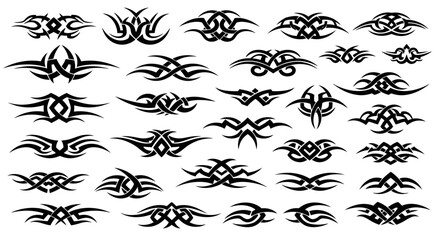 Collection of intricate black tribal tattoo designs with sharp flowing lines and symmetrical patterns.