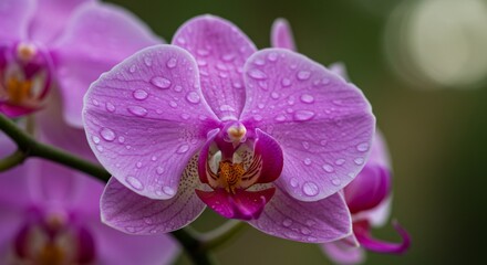 Obraz premium 優しい光浴びる蘭の花 瑞々しい雫と淡い紫. AI Generated