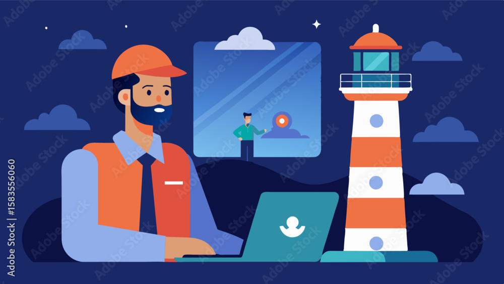 Poster during a quiet moment the lighthouse keeper uses a video conferencing app to check in with their tea