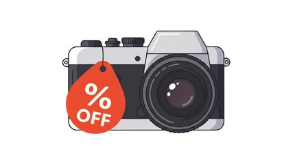 Camera Discount Deal Animation with Tag on White Background