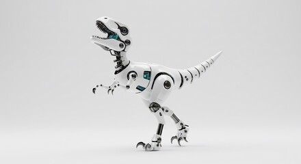 White robotic dinosaur strides forward subtly lit against a plain background. AI Generated