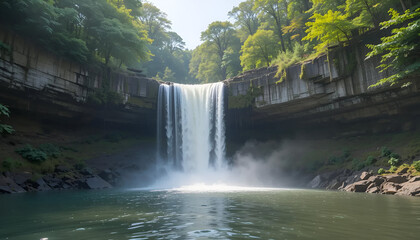 Serene waterfall cascades into a pool, framed by lush green foliage and rocky cliffs in a natural setting.