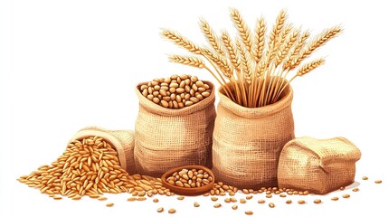 Artwork of wheat ears or nice pure grains piled in burlap sacks over white setting depict notion of farming food and fitness delish, Generative AI.