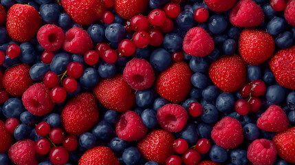 ストロベリーやラズベリー、ブルーベリーを密に詰め込んだ鮮やかな構図。フルーツ素材や美容・健康系ビジュアルに適した画像。