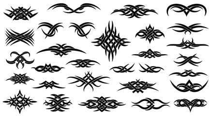Collection of intricate black tribal tattoo designs with symmetrical and flowing patterns.