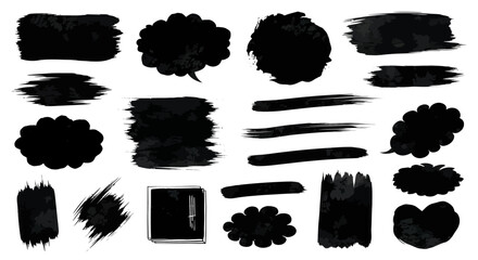 Assorted Black Ink Splatter Shapes Rectangles Speech Bubbles Lines and Abstract Forms.