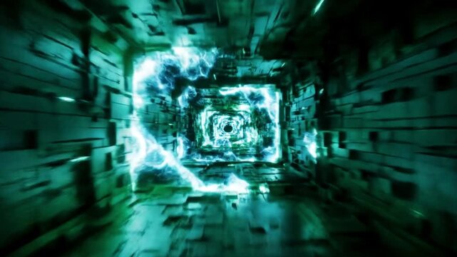 A bright green digital tunnel formed by glowing grid lines, creating a dynamic high-tech energy channel with futuristic depth and motion.