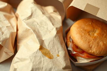 Paper bag for fast food. PFAS substance in paper food packaging. Concept of toxic packaging containing PFAS